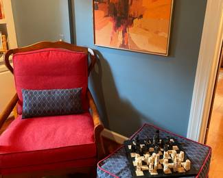 Cherry Armchair, upholstered ottoman, marble chess set and acrylic artwork