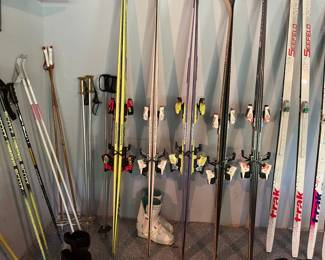 Downhill and cross-country skis, poles and boots