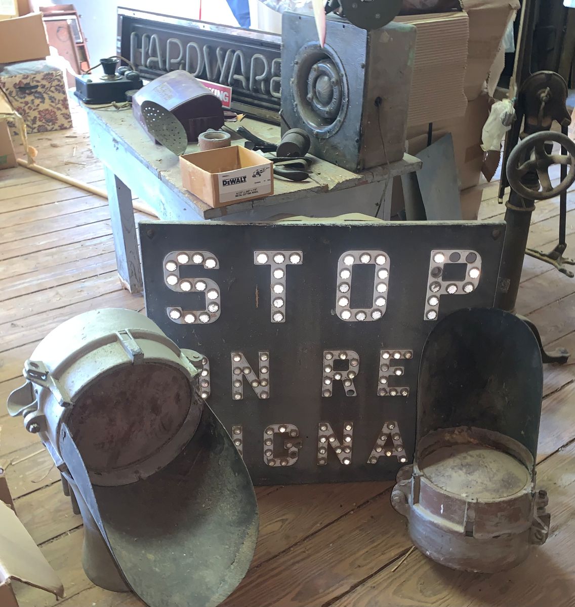 Authentic vintage/ antique reflective rail road sign “stop on red signal”  2 rail road lights 
