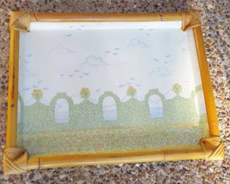 Vintage French fiberglass tray with bamboo frame