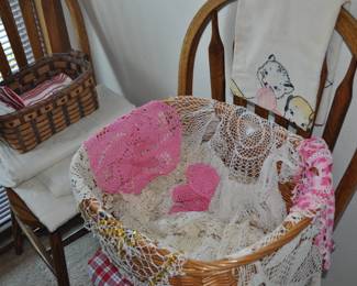 Vintage linens including crochet, embroidery, needlepoint, stenciled, tablecloths, placemats and napkins, pillow cases, doilies, tea towels, runners, and more.
