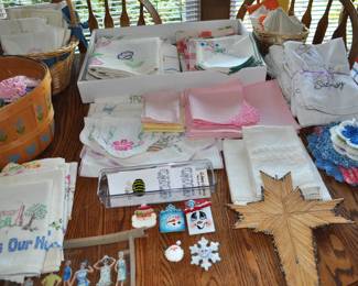 Vintage linens including crochet, embroidery, needlepoint, stenciled, tablecloths, placemats and napkins, pillow cases, doilies, tea towels, runners, and more.