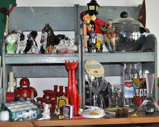 Vintage animal figurines, Penguin ice bucket, barware, Swedish wooden candleholders, tall red MCM Siamese cat shakers.