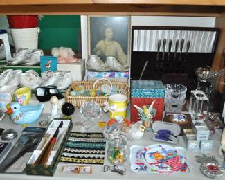 Collection of vintage baby shoes (many w/original box), vintage nursery planters, Gingher scissors, silver plated flatware in cutlery box, crystal, Royal Worcester egg coddlers w/original boxes, Disney Tinkerbell figure,  vintage tin doll plates.