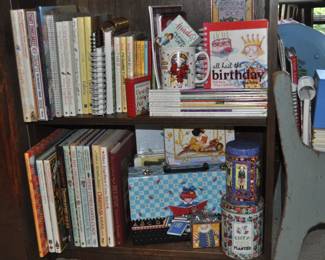 Large collection of Mary Engelbreit items including tins, books, cards, magazines, prints, notebooks, calendars, decorating books, note cards, greeting cards, booklets, and more!