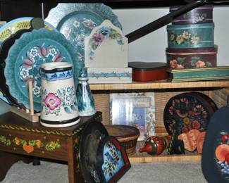 Tole painted wooden and metal items including boxes, tins, plaques, benches, covered boxes, platters, trays, and more.  This is only part of the huge collection.