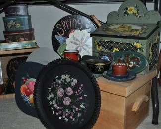 Tole painted wooden and metal items including boxes, tins, plaques, benches, covered boxes, platters, trays, and more.  This is only part of the huge collection.