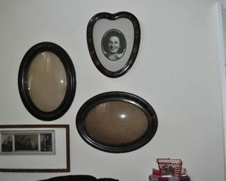 WOW!  Large tiger wood heart-shaped antique w/flat glass, two large tiger wood oval antique frames w/convex glass.