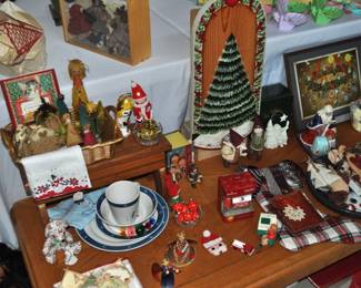 Just SOME of the Christmas decor and decorations available (there is an entire room full downstairs!), oak coffee table, Christmas linens.