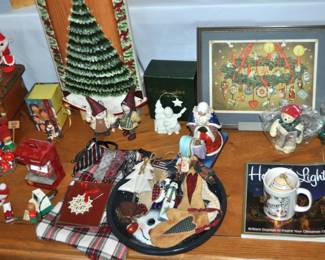 Just SOME of the Christmas decor and decorations available (there is an entire room full downstairs!), oak coffee table, Christmas linens.