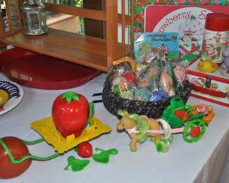 Lots of vintage toys upstairs and downstairs!  Barbie furnishings, Barbies, Buddy L 1970s, Care Bears, Fisher-Price, Hot Wheels, Kenner Sea Wees, Knight Rider belt, Mantech, Matchbox, My Little Ponies, My Little Sea Ponies, Popeye suspenders, Remco, Strawberry Shortcake, Strawberry Shortcake belt, Woody Woodpecker suspenders, and more.