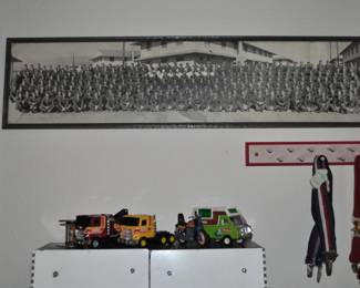 WWII framed yard-long Army photo, United Delco cabinet.