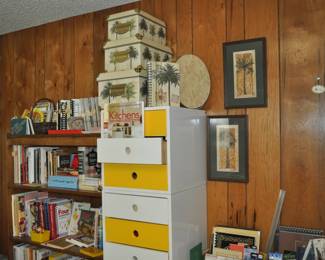 Large collection of cookbooks and cook booklets, recipe files, art supplies, paints - acrylic and oil, pastels, stationery supplies, stamps, scissors.