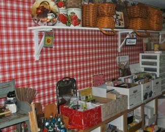 Vintage tins, collection of Longaberger baskets, large rectangular storage tins, child's vintage chair (one of four), teapots, art supplies, hundreds of greeting cards, , brushes, buttons, calligraphy supplies, colored pencils, fabric, Gingher scissors, lace and trims, multi-drawer cases and cabinets, needlepoint kits, notions, paints oil and acrylic, pastels, pattern books, plasterware, ribbon, Scrapbook Companion case, scrapbook supply drawer cabinets, scrapbooking materials (tons!), note pads (lots and lots), notebooks, paper supplies, pens/pencils, stationery and stationery supplies, envelopes, folders, tons of office supplies.