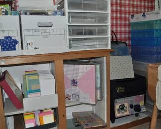 Vintage tins, collection of Longaberger baskets, large rectangular storage tins, child's vintage chair (one of four), teapots, art supplies, hundreds of greeting cards, brushes, buttons, calligraphy supplies, colored pencils, fabric, Gingher scissors, lace and trims, multi-drawer cases and cabinets, needlepoint kits, notions, paints oil and acrylic, pastels, pattern books, plasterware, ribbon, Scrapbook Companion case, scrapbook supply drawer cabinets, scrapbooking materials (tons!), note pads (lots and lots), notebooks, paper supplies, pens/pencils, stationery and stationery supplies, envelopes, folders, tons of office supplies.