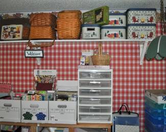 Vintage tins, collection of Longaberger baskets, large rectangular storage tins, child's vintage chair (one of four), teapots, art supplies, hundreds of greeting cards, brushes, buttons, calligraphy supplies, colored pencils, fabric, Gingher scissors, lace and trims, multi-drawer cases and cabinets, needlepoint kits, notions, paints oil and acrylic, pastels, pattern books, plasterware, ribbon, Scrapbook Companion case, scrapbook supply drawer cabinets, scrapbooking materials (tons!), note pads (lots and lots), notebooks, paper supplies, pens/pencils, stationery and stationery supplies, envelopes, folders, tons of office supplies.