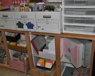 Vintage tins, collection of Longaberger baskets, large rectangular storage tins, child's vintage chair (one of four), teapots, art supplies, hundreds of greeting cards, brushes, buttons, calligraphy supplies, colored pencils, fabric, Gingher scissors, lace and trims, multi-drawer cases and cabinets, needlepoint kits, notions, paints oil and acrylic, pastels, pattern books, plasterware, ribbon, Scrapbook Companion case, scrapbook supply drawer cabinets, scrapbooking materials (tons!), note pads (lots and lots), notebooks, paper supplies, pens/pencils, stationery and stationery supplies, envelopes, folders, tons of office supplies.