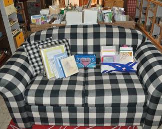 Upholstered love seat, child's vintage chair (one of four), teapots, art supplies, hundreds of greeting cards, brushes, buttons, calligraphy supplies, colored pencils, fabric, Gingher scissors, lace and trims, multi-drawer cases and cabinets, needlepoint kits, notions, paints oil and acrylic, pastels, pattern books, plasterware, ribbon, Scrapbook Companion case, scrapbook supply drawer cabinets, scrapbooking materials (tons!), note pads (lots and lots), notebooks, paper supplies, pens/pencils, stationery and stationery supplies, envelopes, folders, tons of office supplies.