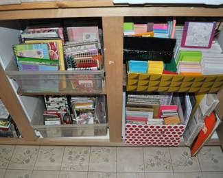 Art supplies, hundreds of greeting cards, brushes, buttons, calligraphy supplies, colored pencils, fabric, Gingher scissors, lace and trims, multi-drawer cases and cabinets, needlepoint kits, notions, paints oil and acrylic, pastels, pattern books, plasterware, ribbon, Scrapbook Companion case, scrapbook supply drawer cabinets, scrapbooking materials (tons!), note pads (lots and lots), notebooks, paper supplies, pens/pencils, stationery and stationery supplies, envelopes, folders, tons of office supplies.