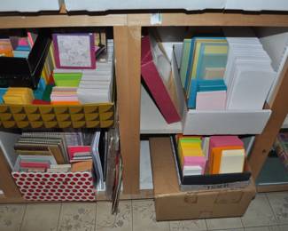 Art supplies, hundreds of greeting cards, brushes, buttons, calligraphy supplies, colored pencils, fabric, Gingher scissors, lace and trims, multi-drawer cases and cabinets, needlepoint kits, notions, paints oil and acrylic, pastels, pattern books, plasterware, ribbon, Scrapbook Companion case, scrapbook supply drawer cabinets, scrapbooking materials (tons!), note pads (lots and lots), notebooks, paper supplies, pens/pencils, stationery and stationery supplies, envelopes, folders, tons of office supplies.