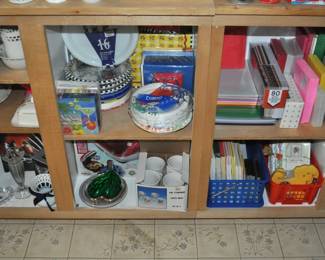 Paper party goods, art supplies, hundreds of greeting cards, brushes, buttons, calligraphy supplies, colored pencils, fabric, Gingher scissors, lace and trims, multi-drawer cases and cabinets, needlepoint kits, notions, paints oil and acrylic, pastels, pattern books, plasterware, ribbon, Scrapbook Companion case, scrapbook supply drawer cabinets, scrapbooking materials (tons!), note pads (lots and lots), notebooks, paper supplies, pens/pencils, stationery and stationery supplies, envelopes, folders, tons of office supplies.