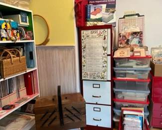 Art/Crafts/Needlework/Sewing Supplies: 
Large/medium/small storage baskets, frames, art/ calligraphy/home décor,/how-to/needlework/painting/ quilting/sewing books and manuals, beading supplies, brushes, buttons, calligraphy supplies, colored pencils, fabric, Gingher scissors, lace and trims, multi-drawer cases and cabinets, needlepoint kits, notions, paints oil and acrylic, pastels, pattern books, plasterware, ribbon,  sewing supplies, sewing baskets, Singer sewing machine #M3220, Singer sewing machine Touch & Sew, stenciling supplies, tole painting, vintage patterns, water color supplies, wooden cut-outs, wooden sewing caddies vintage, file cabinets, bins of fabric, and more!