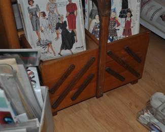 Sewing materials, vintage folding sewing caddy.