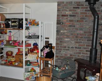 Lots of vintage toys upstairs and downstairs!  Barbie furnishings, Barbies, Buddy L 1970s, Care Bears, Fisher-Price, Hot Wheels, Kenner Sea Wees, Knight Rider belt, Mantech, Matchbox, My Little Ponies, My Little Sea Ponies, Popeye suspenders, Remco, Strawberry Shortcake, Strawberry Shortcake belt, Woody Woodpecker suspenders, doll buggy, and more.