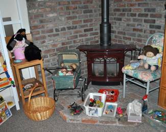 Lots of vintage toys upstairs and downstairs!  Barbie furnishings, Barbies, Buddy L 1970s, Care Bears, Fisher-Price, Hot Wheels, Kenner Sea Wees, Knight Rider belt, Mantech, Matchbox, My Little Ponies, My Little Sea Ponies, Popeye suspenders, Remco, Strawberry Shortcake, Strawberry Shortcake belt, Woody Woodpecker suspenders, doll buggy, and more.