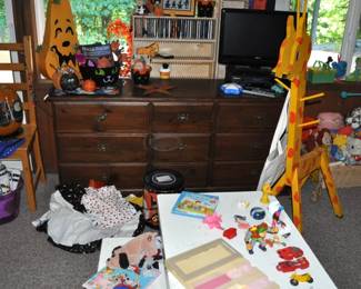 Halloween decor, lots and lots of CDs and DVDs, Lots of vintage toys upstairs and downstairs!  Barbie furnishings, Barbies, Buddy L 1970s, Care Bears, Fisher-Price, Hot Wheels, Kenner Sea Wees, Knight Rider belt, Mantech, Matchbox, My Little Ponies, My Little Sea Ponies, Popeye suspenders, Remco, Strawberry Shortcake, Strawberry Shortcake belt, Woody Woodpecker suspenders, and more.