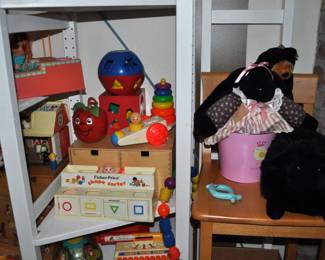 Lots of vintage toys upstairs and downstairs!  Barbie furnishings, Barbies, Buddy L 1970s, Care Bears, Fisher-Price, Hot Wheels, Kenner Sea Wees, Knight Rider belt, Mantech, Matchbox, My Little Ponies, My Little Sea Ponies, Popeye suspenders, Remco, Strawberry Shortcake, Strawberry Shortcake belt, Woody Woodpecker suspenders, doll buggy, and more.