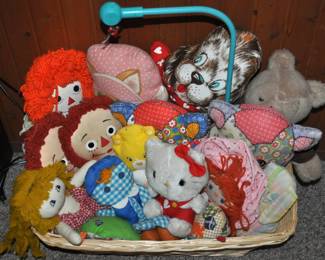 Raggedy Ann and Raggedy Andy, Hello Kitty, lots of vintage toys upstairs and downstairs!  Barbie furnishings, Barbies, Buddy L 1970s, Care Bears, Fisher-Price, Hot Wheels, Kenner Sea Wees, Knight Rider belt, Mantech, Matchbox, My Little Ponies, My Little Sea Ponies, Popeye suspenders, Remco, Strawberry Shortcake, Strawberry Shortcake belt, Woody Woodpecker suspenders, doll buggy, and more.