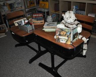 This room is enormous!  This half is filled with children's books, games and puzzles, office supplies, tole painting supplies, Ikea storage containers, craft supplies, dressers, tall multi-drawer cabinet, printer, craft kits, boxes, frames, antique children's desks, red/white/blue decorations, bee collectibles, pails, rocking horses, children's furniture, dining chairs, stuffed animals, baskets, and sooo much more!