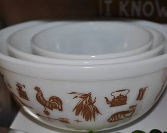 Kitchen:  Corningware, Laguna Melmac dishes, linens, Pyrex nesting bowls, mint green 1968 hand mixer w/instruction booklet, barware, coffee makers, Corelle dinnerware, flatware, kitchen gadgets, Krups grinder, Oster blender, popcorn popper, pots and pans, Pyrex baking dishes, toaster, waffle iron, cobalt glass dinner set, Gense Ultima stainless steel, Oneida crystal, Orrefors crystal, Princess House, set of Snowman china, Sweden stainless steel serving pieces, cookbooks, huge selection of coffee mugs (many collectible and many in original boxes) including Starbucks, Laurel Burch, Deborah Mumm, tea kettles, knife set, milk glass, magnets, Rubbermaid, Ikea jars, rolling pins, baking items, paper goods, spices and seasonings, large griddle, canned goods, glassware, and more!