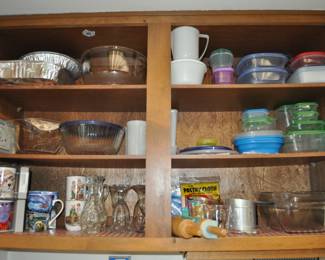 Kitchen:  Corningware, Laguna Melmac dishes, linens, Pyrex nesting bowls, mint green 1968 hand mixer w/instruction booklet, barware, coffee makers, Corelle dinnerware, flatware, kitchen gadgets, Krups grinder, Oster blender, popcorn popper, pots and pans, Pyrex baking dishes, toaster, waffle iron, cobalt glass dinner set, Gense Ultima stainless steel, Oneida crystal, Orrefors crystal, Princess House, set of Snowman china, Sweden stainless steel serving pieces, cookbooks, huge selection of coffee mugs (many collectible and many in original boxes) including Starbucks, Laurel Burch, Deborah Mumm, tea kettles, knife set, milk glass, magnets, Rubbermaid, Ikea jars, rolling pins, baking items, paper goods, spices and seasonings, large griddle, canned goods, glassware, and more!