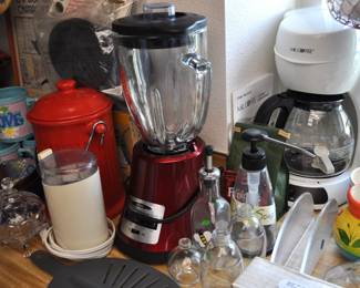 Kitchen:  Corningware, Laguna Melmac dishes, linens, Pyrex nesting bowls, mint green 1968 hand mixer w/instruction booklet, barware, coffee makers, Corelle dinnerware, flatware, kitchen gadgets, Krups grinder, Oster blender, popcorn popper, pots and pans, Pyrex baking dishes, toaster, waffle iron, cobalt glass dinner set, Gense Ultima stainless steel, Oneida crystal, Orrefors crystal, Princess House, set of Snowman china, Sweden stainless steel serving pieces, cookbooks, huge selection of coffee mugs (many collectible and many in original boxes) including Starbucks, Laurel Burch, Deborah Mumm, tea kettles, knife set, milk glass, magnets, Rubbermaid, Ikea jars, rolling pins, baking items, paper goods, spices and seasonings, large griddle, canned goods, glassware, and more!