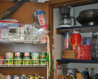 Kitchen:  Corningware, Laguna Melmac dishes, linens, Pyrex nesting bowls, mint green 1968 hand mixer w/instruction booklet, barware, coffee makers, Corelle dinnerware, flatware, kitchen gadgets, Krups grinder, Oster blender, popcorn popper, pots and pans, Pyrex baking dishes, toaster, waffle iron, cobalt glass dinner set, Gense Ultima stainless steel, Oneida crystal, Orrefors crystal, Princess House, set of Snowman china, Sweden stainless steel serving pieces, cookbooks, huge selection of coffee mugs (many collectible and many in original boxes) including Starbucks, Laurel Burch, Deborah Mumm, tea kettles, knife set, milk glass, magnets, Rubbermaid, Ikea jars, rolling pins, baking items, paper goods, spices and seasonings, large griddle, canned goods, glassware, and more!