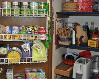 Kitchen:  Corningware, Laguna Melmac dishes, linens, Pyrex nesting bowls, mint green 1968 hand mixer w/instruction booklet, barware, coffee makers, Corelle dinnerware, flatware, kitchen gadgets, Krups grinder, Oster blender, popcorn popper, pots and pans, Pyrex baking dishes, toaster, waffle iron, cobalt glass dinner set, Gense Ultima stainless steel, Oneida crystal, Orrefors crystal, Princess House, set of Snowman china, Sweden stainless steel serving pieces, cookbooks, huge selection of coffee mugs (many collectible and many in original boxes) including Starbucks, Laurel Burch, Deborah Mumm, tea kettles, knife set, milk glass, magnets, Rubbermaid, Ikea jars, rolling pins, baking items, paper goods, spices and seasonings, large griddle, canned goods, glassware, and more!