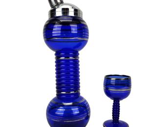 Art Deco Barbell Cobalt Blue Silver Stripe Cocktail Shaker Cup