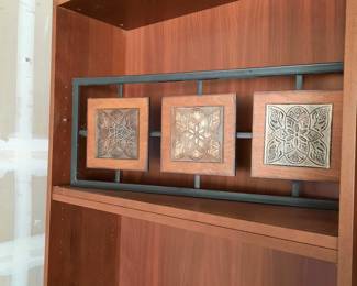 3 panel decorative metal and wood with copper stamped design $10