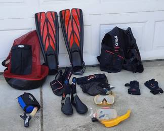 Scuba Gear: booties, vest, gloves, diving weights, gear sack, goggles Make an offer. $500 new