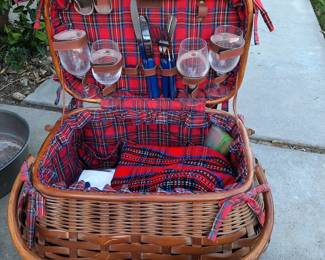 Picnic basket: plates, napkins, tablecloth, wine glasses, silverware and more.  Ready for a romantic get away. $45