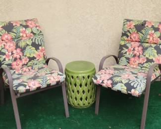 Two patio chairs and ceramic garden stool.