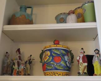 Clown collection and ceramic pots.