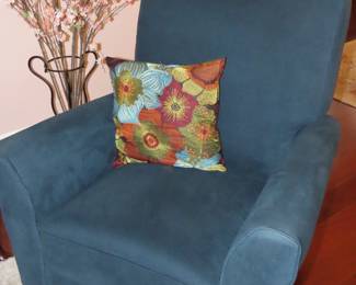 One of two blue fabric push back LaZBoy recliners.