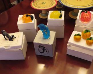 Lenox glass ornaments, pumpkins, lemons, apple and cat.