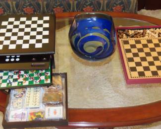 Compendium of games, brand new still sealed and traditional chess set.