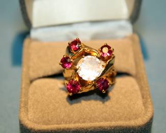 CZ and synthetic red stone set in 14K Gold $350