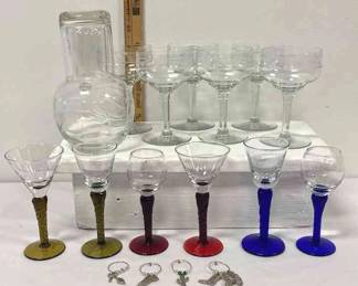 Bedside Water Carafe, Six Wine Glasses, W Etched Polka Dots And Six Colored Stem Glasses 