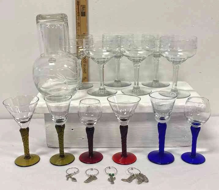 Bedside Water Carafe, Six Wine Glasses, W Etched Polka Dots And Six Colored Stem Glasses 